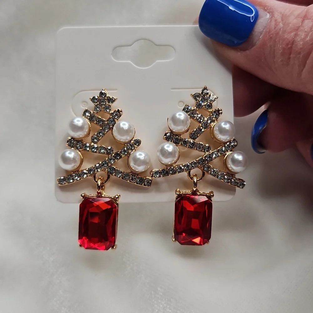 Ladies Christmas Tree Pearls Rhinestone Earrings Red Dangle Fashion Jewelry NEW